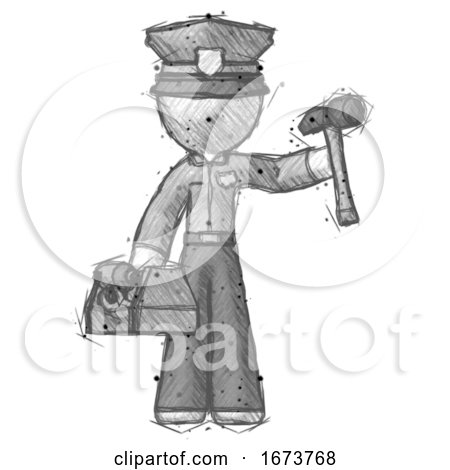 Sketch Police Man Holding Tools and Toolchest Ready to Work by Leo Blanchette
