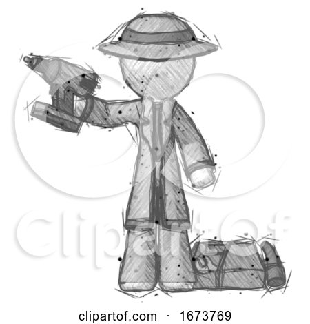 Sketch Detective Man Holding Drill Ready to Work, Toolchest and Tools to Right by Leo Blanchette