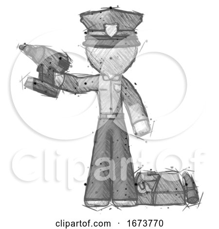 Sketch Police Man Holding Drill Ready to Work, Toolchest and Tools to Right by Leo Blanchette