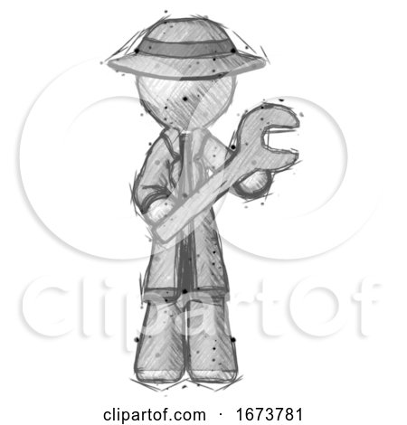 Sketch Detective Man Holding Large Wrench with Both Hands by Leo Blanchette