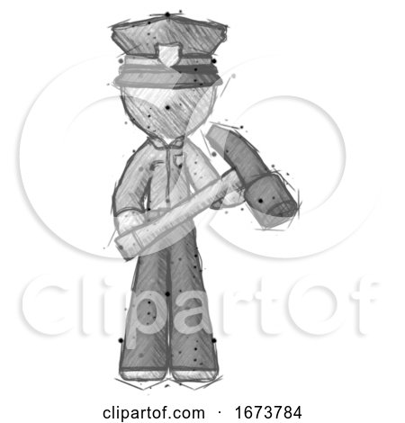 Sketch Police Man Holding Hammer Ready to Work by Leo Blanchette