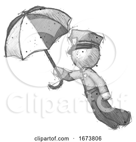 Sketch Police Man Flying with Umbrella by Leo Blanchette