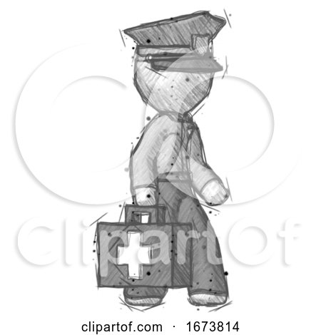 Sketch Police Man Walking with Medical Aid Briefcase to Right by Leo Blanchette