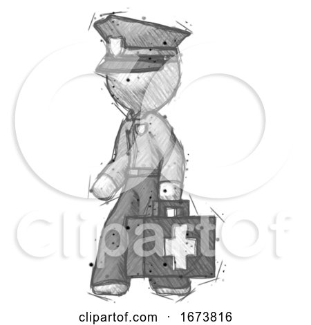 Sketch Police Man Walking with Medical Aid Briefcase to Left by Leo Blanchette