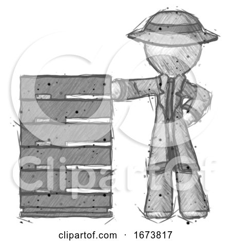 Sketch Detective Man with Server Rack Leaning Confidently Against It by Leo Blanchette