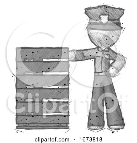 Sketch Police Man with Server Rack Leaning Confidently Against It by Leo Blanchette