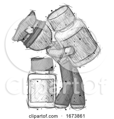 Sketch Police Man Holding Large White Medicine Bottle with Bottle in Background by Leo Blanchette