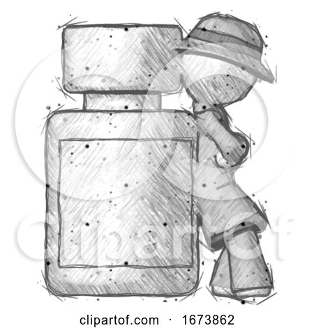Sketch Detective Man Leaning Against Large Medicine Bottle by Leo Blanchette