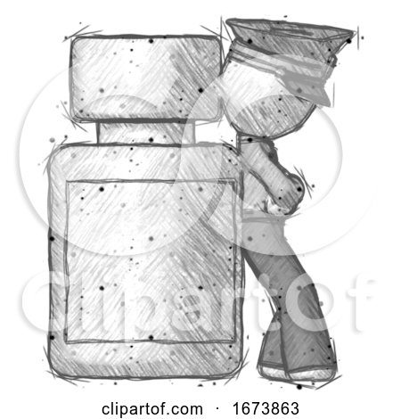 Sketch Police Man Leaning Against Large Medicine Bottle by Leo Blanchette
