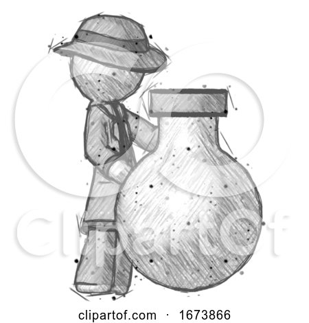 Sketch Detective Man Standing Beside Large Round Flask or Beaker by Leo Blanchette
