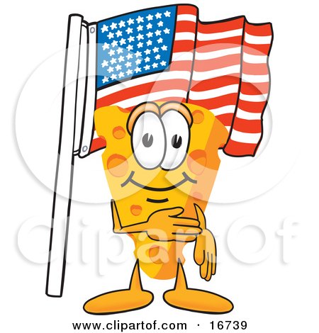 Clipart Picture of a Wedge of Orange Swiss Cheese Mascot Cartoon Character Pledging Allegiance to the American Flag by Mascot Junction