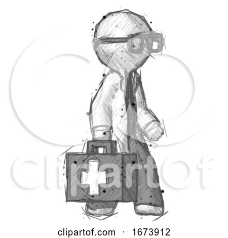 Sketch Doctor Scientist Man Walking with Medical Aid Briefcase to Right by Leo Blanchette