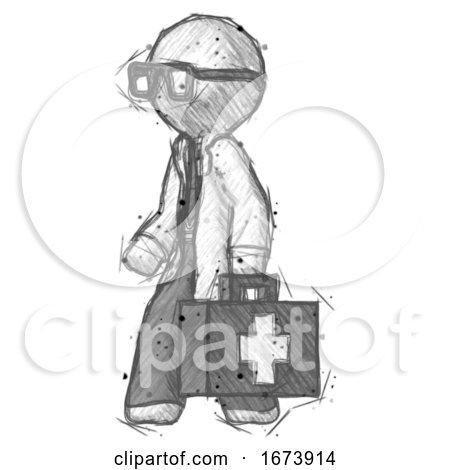Sketch Doctor Scientist Man Walking with Medical Aid Briefcase to Left by Leo Blanchette