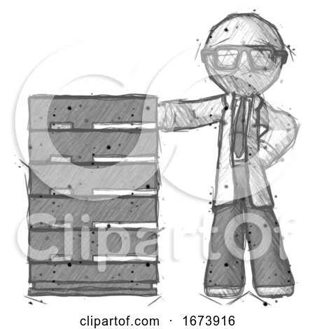Sketch Doctor Scientist Man with Server Rack Leaning Confidently Against It by Leo Blanchette