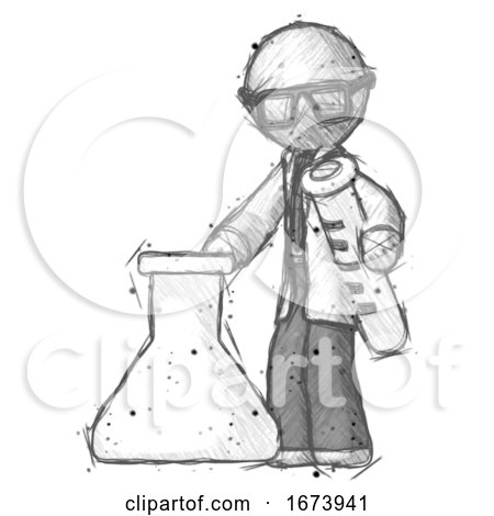 Sketch Doctor Scientist Man Holding Test Tube Beside Beaker or Flask by Leo Blanchette