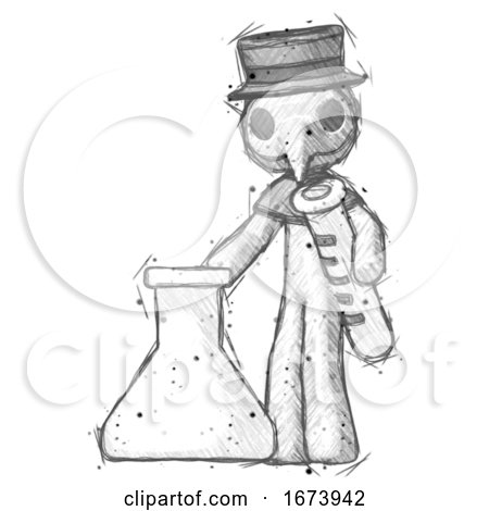 Sketch Plague Doctor Man Holding Test Tube Beside Beaker or Flask by Leo Blanchette