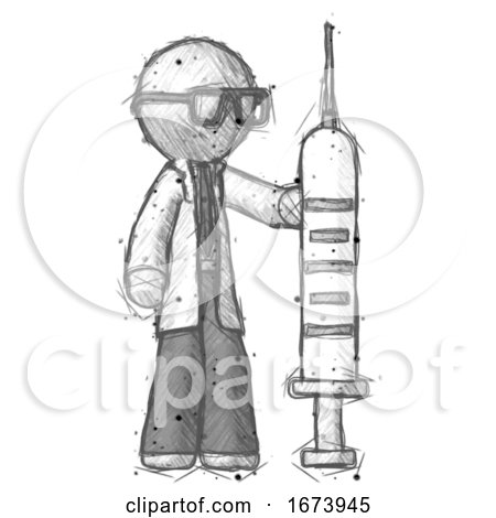 Sketch Doctor Scientist Man Holding Large Syringe by Leo Blanchette