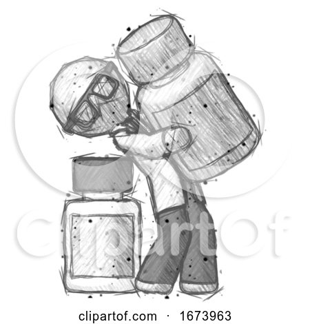Sketch Doctor Scientist Man Holding Large White Medicine Bottle with Bottle in Background by Leo Blanchette
