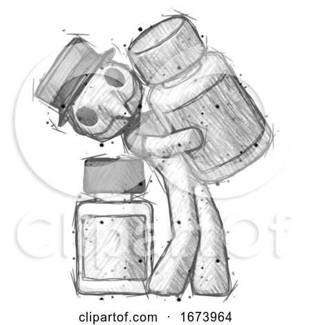 Sketch Plague Doctor Man Holding Large White Medicine Bottle with Bottle in Background by Leo Blanchette