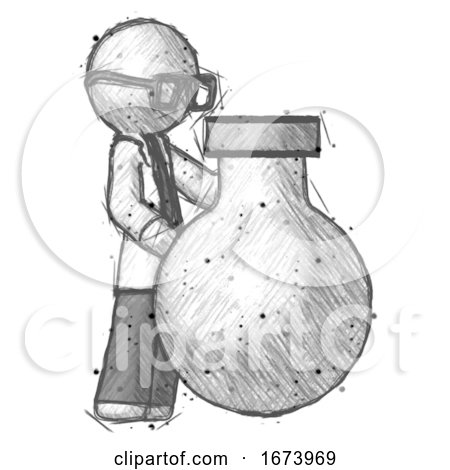 Sketch Doctor Scientist Man Standing Beside Large Round Flask or Beaker by Leo Blanchette