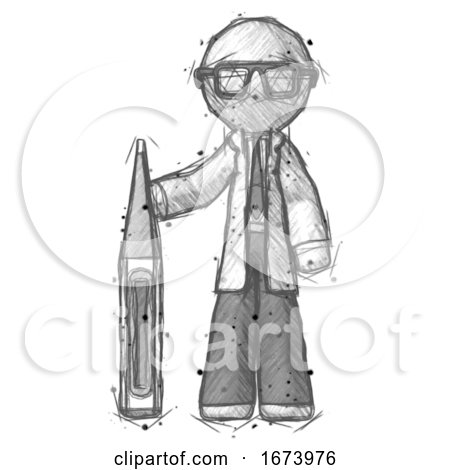 Sketch Doctor Scientist Man Standing with Large Thermometer by Leo Blanchette