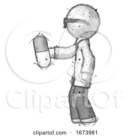 Sketch Doctor Scientist Man Holding Pill Walking to Left by Leo Blanchette