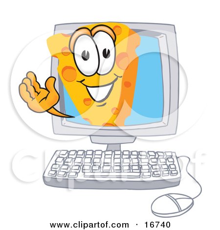 Clipart Picture of a Wedge of Orange Swiss Cheese Mascot Cartoon Character Waving From Inside a Computer Screen by Mascot Junction