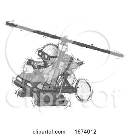 Sketch Doctor Scientist Man Flying in Gyrocopter Front Side Angle Top View by Leo Blanchette