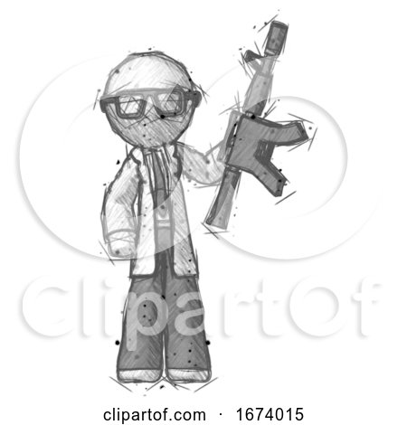 Sketch Doctor Scientist Man Holding Automatic Gun by Leo Blanchette