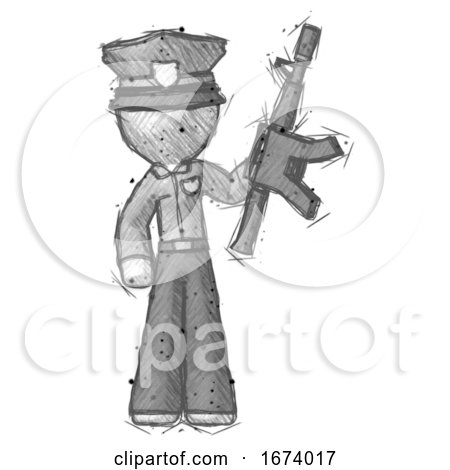 Sketch Police Man Holding Automatic Gun by Leo Blanchette