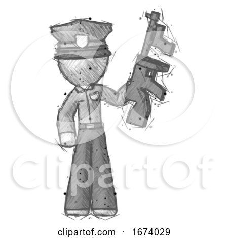 Sketch Police Man Holding Tommygun by Leo Blanchette