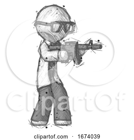 Sketch Doctor Scientist Man Shooting Automatic Assault Weapon by Leo Blanchette