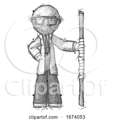Sketch Doctor Scientist Man Holding Staff or Bo Staff by Leo Blanchette