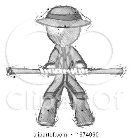 Sketch Detective Man Bo Staff Kung Fu Defense Pose by Leo Blanchette