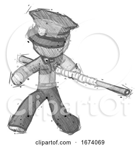 Sketch Police Man Bo Staff Action Hero Kung Fu Pose by Leo Blanchette