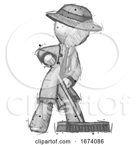 Sketch Detective Man Cleaning Services Janitor Sweeping Floor with Push Broom by Leo Blanchette