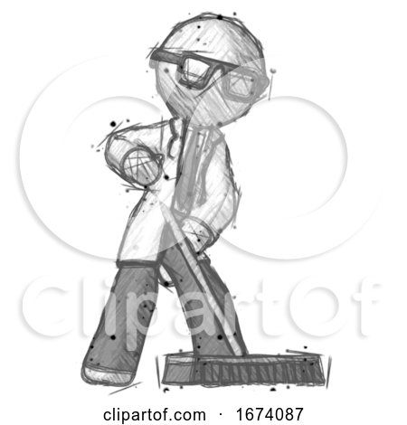 Sketch Doctor Scientist Man Cleaning Services Janitor Sweeping Floor with Push Broom by Leo Blanchette