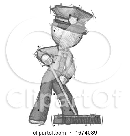 Sketch Police Man Cleaning Services Janitor Sweeping Floor with Push Broom by Leo Blanchette