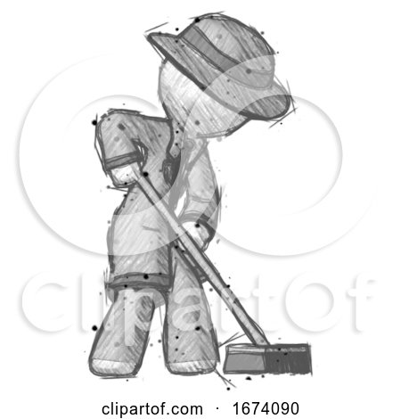 Sketch Detective Man Cleaning Services Janitor Sweeping Side View by Leo Blanchette