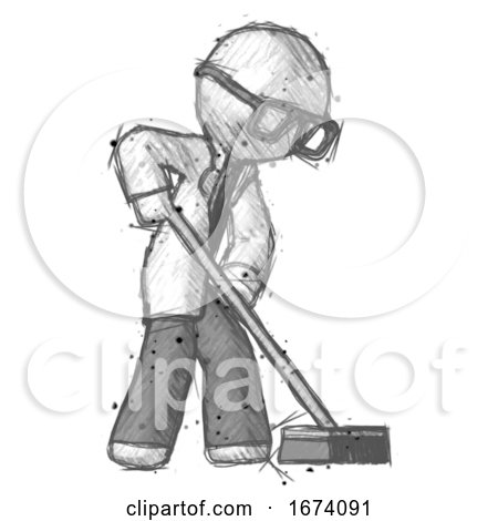 Sketch Doctor Scientist Man Cleaning Services Janitor Sweeping Side View by Leo Blanchette