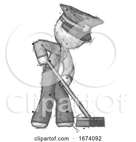 Sketch Police Man Cleaning Services Janitor Sweeping Side View by Leo Blanchette