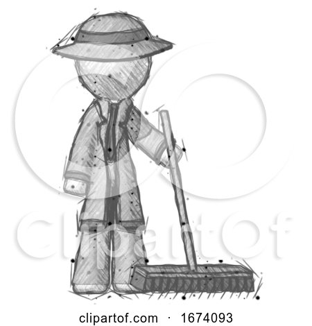 Sketch Detective Man Standing with Industrial Broom by Leo Blanchette