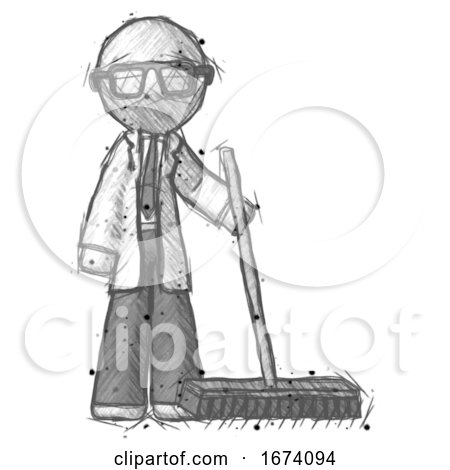 Sketch Doctor Scientist Man Standing with Industrial Broom by Leo Blanchette