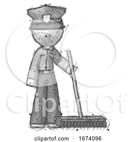Sketch Police Man Standing with Industrial Broom by Leo Blanchette