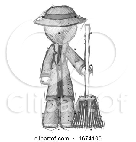 Sketch Detective Man Standing with Broom Cleaning Services by Leo Blanchette