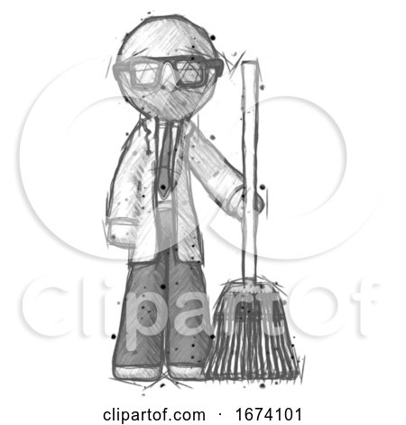 Sketch Doctor Scientist Man Standing with Broom Cleaning Services by Leo Blanchette