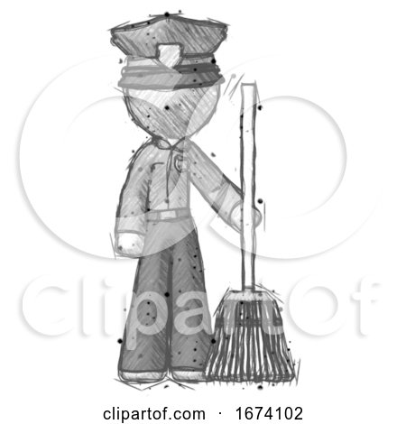 Sketch Police Man Standing with Broom Cleaning Services by Leo Blanchette
