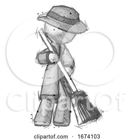 Sketch Detective Man Sweeping Area with Broom by Leo Blanchette