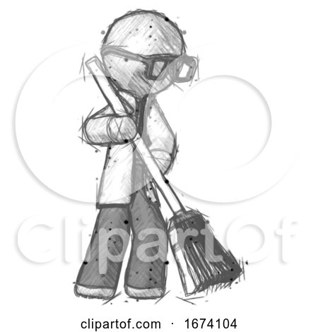 Sketch Doctor Scientist Man Sweeping Area with Broom by Leo Blanchette