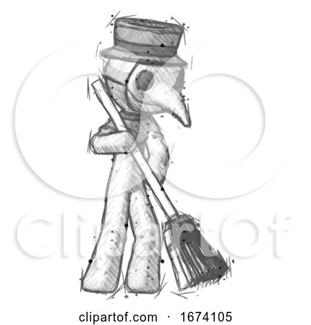 Sketch Plague Doctor Man Sweeping Area with Broom by Leo Blanchette
